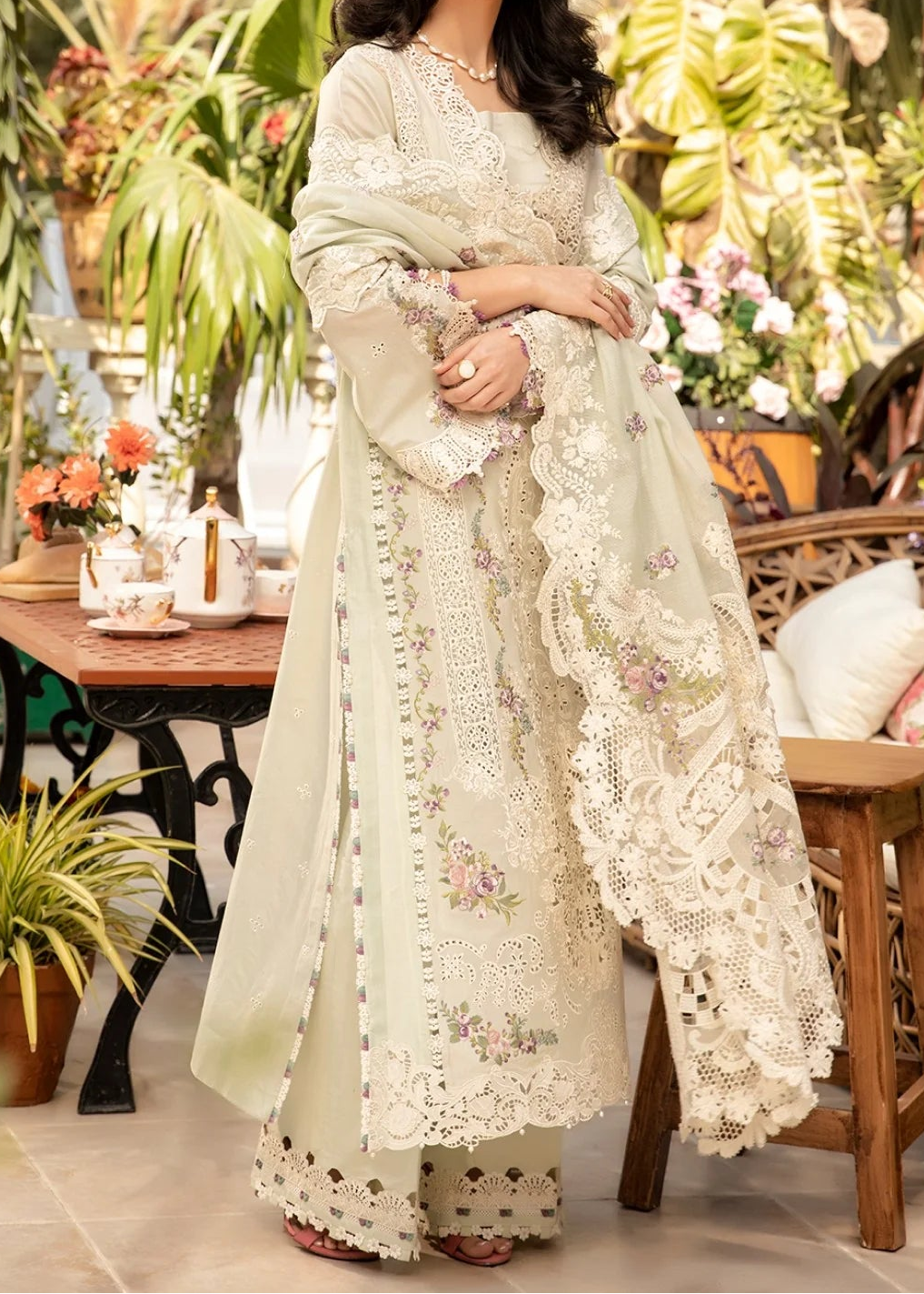 Grace S1428 - Embroidered 3pc CHIKANKARI Lawn Dress With Embroidered Chiffon Dupatta.