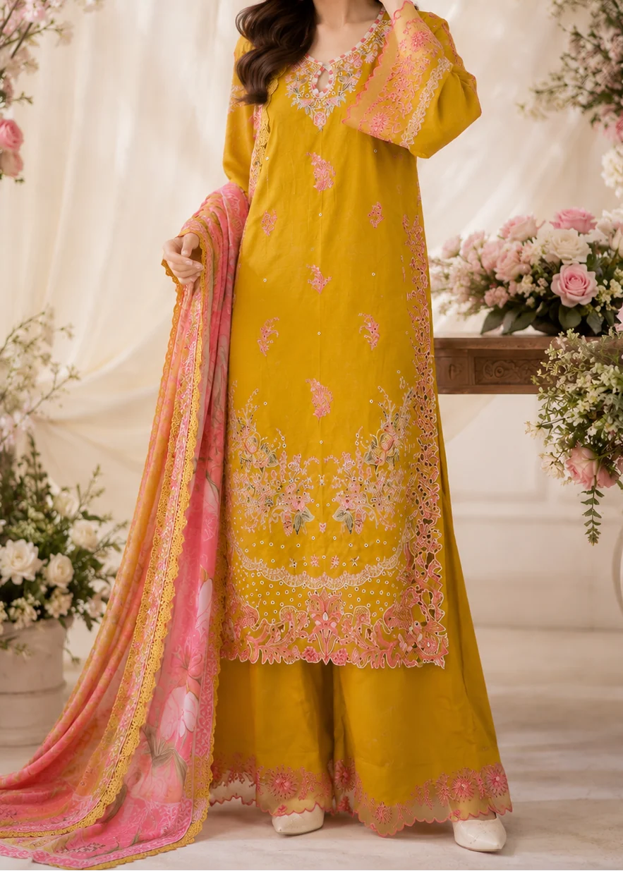 Grace Z-(W1079) - Stitched Embroidered 3pc Marina Dress With Printed Chiffon Dupatta.