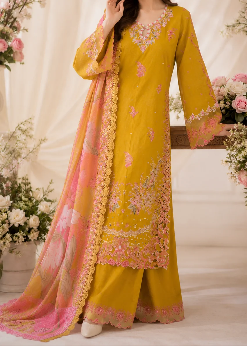 Grace Z-(W1079) - Stitched Embroidered 3pc Marina Dress With Printed Chiffon Dupatta.