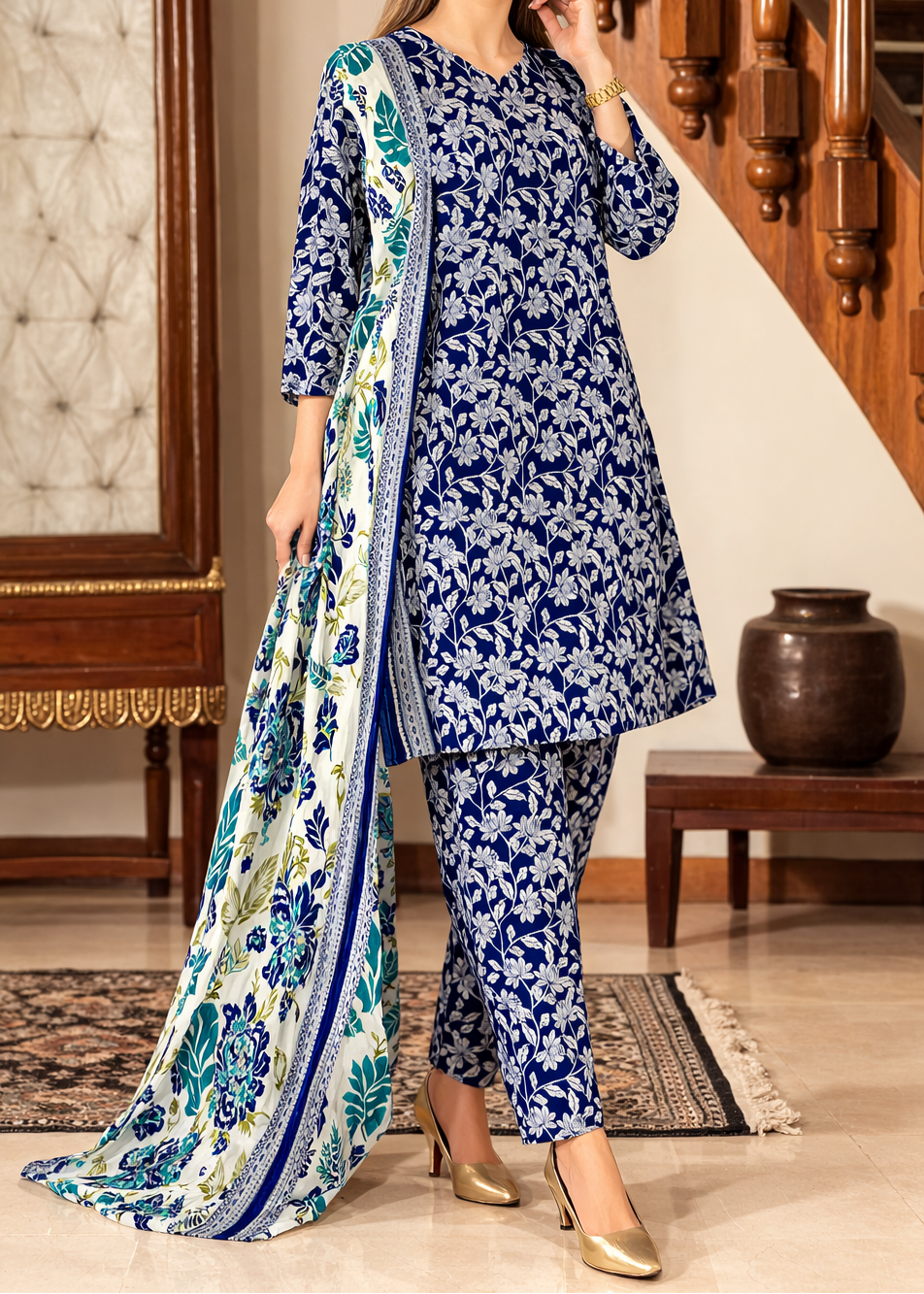 Grace S1349 - Printed & Embroidered 3pc Lawn Dress With Embroidered Sequence Chiffon Dupatta.