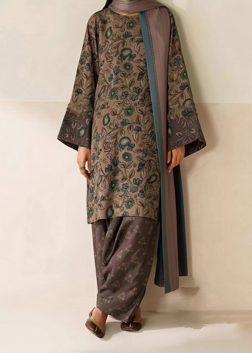 Grace W832 - Digital Printed 3pc Karandi Dress With Digital Printed Karandi Shawl.