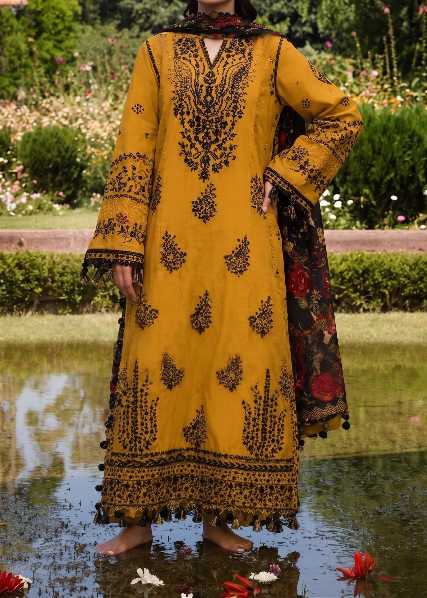 Grace W1074-Embroidered 3pc Marina Dress With Printed Shawl.