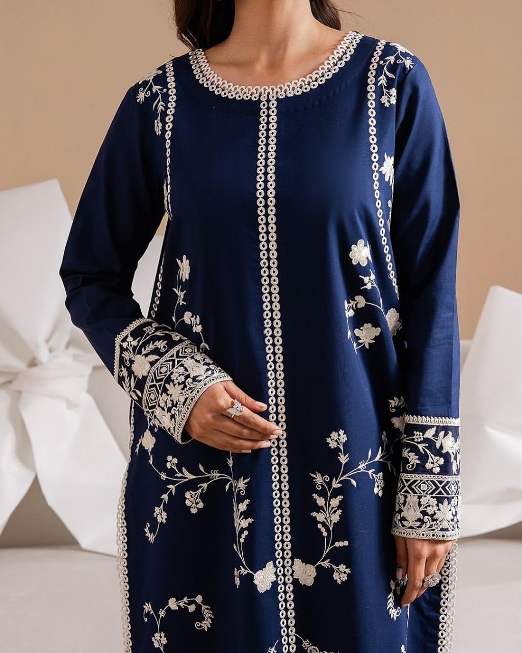 Grace Z-(W767 ) - Stitched Embroidered 3pc Marina Dress With Printed Shawl.