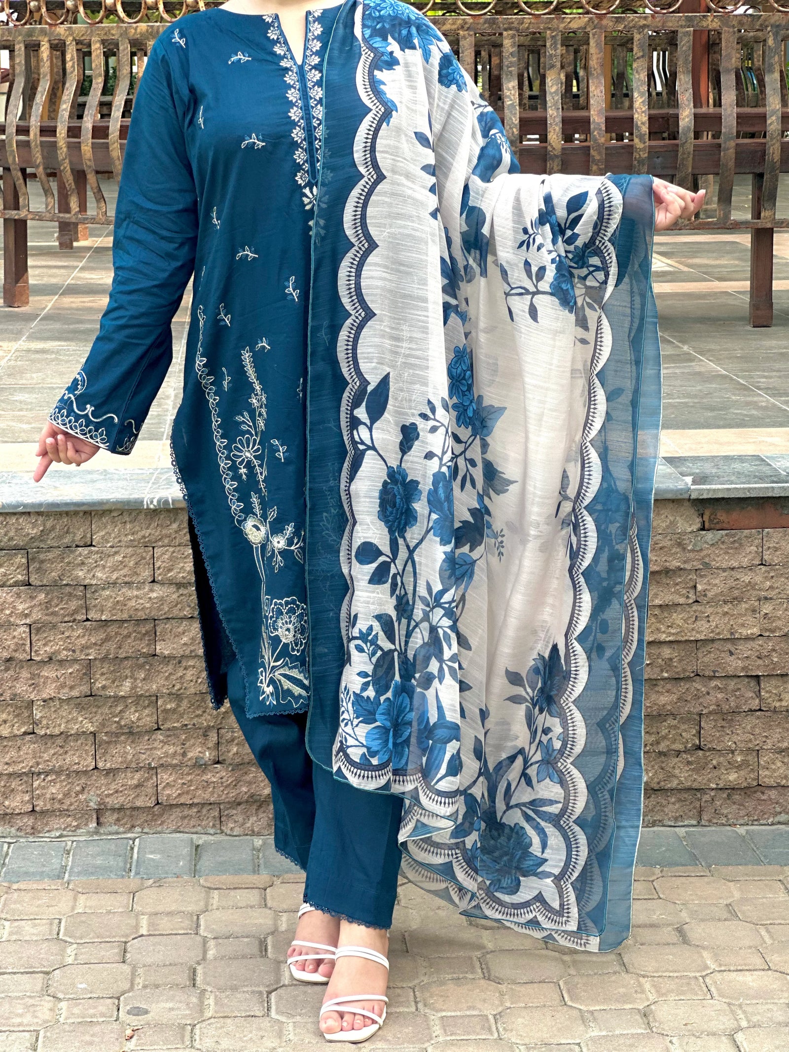 Grace W752-Embroidered 3pc Marina Dress With Printed Shawl.