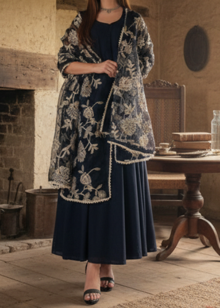 Grace W502-Embroidered 3pc marina dress with Embroidered Organza Dupatta.