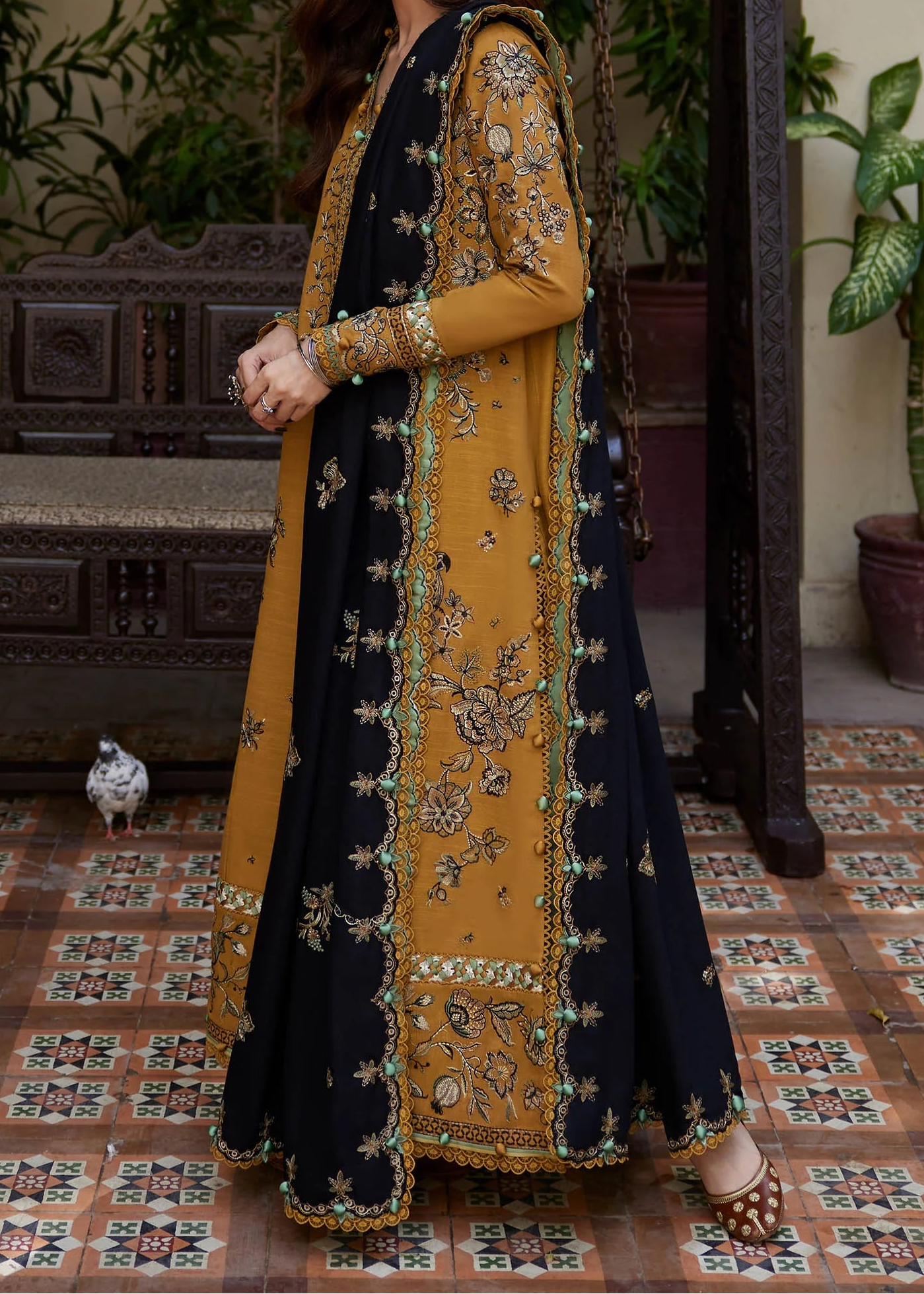 Grace W928-Embroidered 3pc Marina Dress With Printed Shawl.