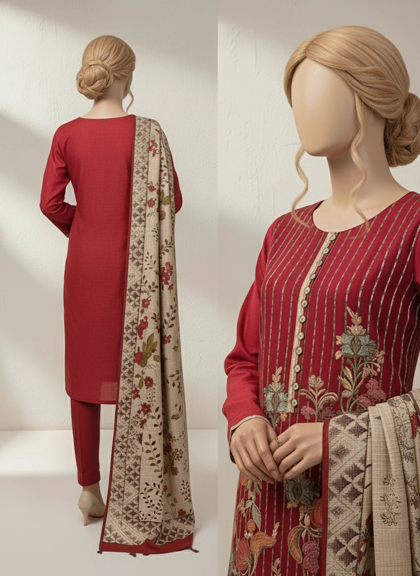 Grace Z-(W534) - Stitched Embroidered 3pc khaddar dress With Printed shawl.