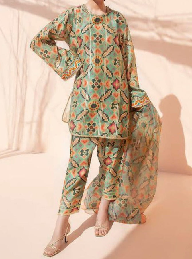 Grace W235- Printed 3pc soft crepe dress With Printed organza dupatta.