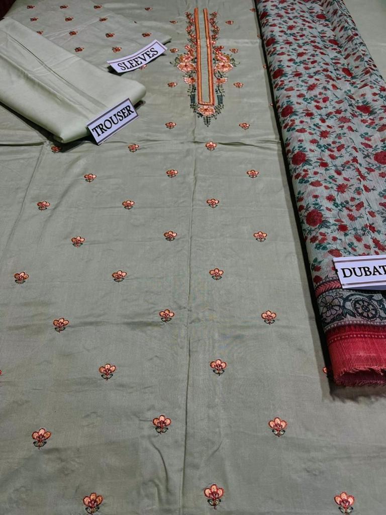 Grace W347- Embroidered 3pc Linen dress with Printed dupatta.