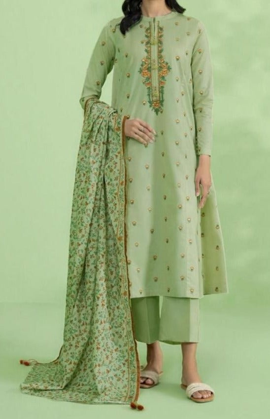 Grace W347- Embroidered 3pc Linen dress with Printed dupatta.