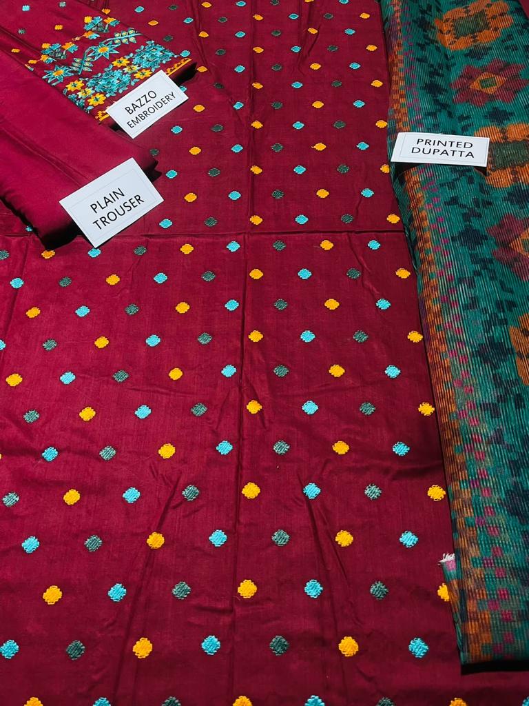 Grace W348- Embroidered 3pc Linen dress with Printed dupatta.