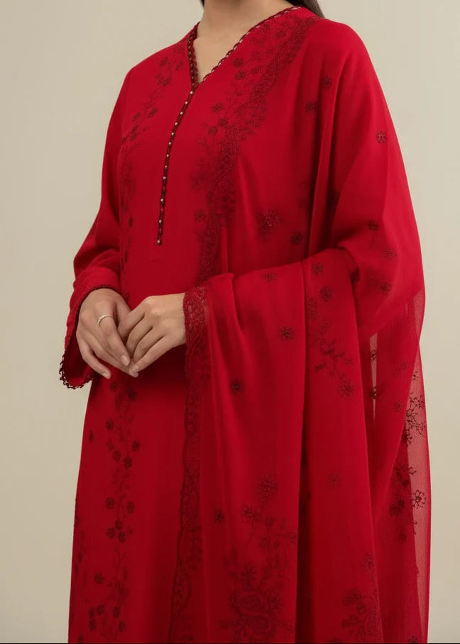 Grace Z-(W852) - Stitched Embroidered 3pc Chikankari Marina Dress With Embroidered Chiffon Dupatta.