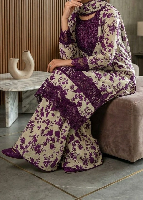 Grace S1336 - Printed & Embroidered 3pc Lawn Dress With Embroidered Chiffon Dupatta.