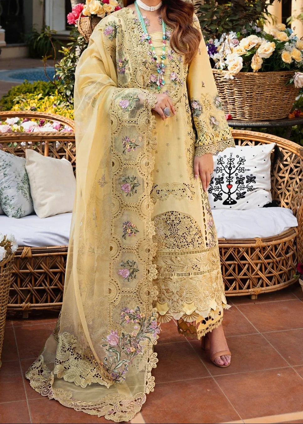 Grace Z-(W1076) - Stitched Embroidered 3pc Marina Dress With Embroidered Khadi Net Dupatta.