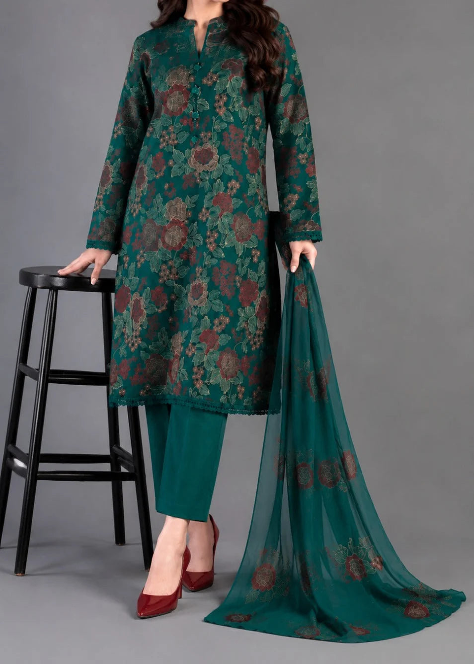 Grace Z-(W1054) - Stitched Embroidered 3pc Marina Dress With Embroidered Chiffon Dupatta.