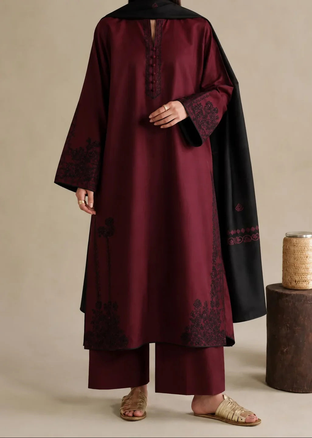 Grace Z-(W1052) - Stitched Embroidered 3pc Marina Dress With Printed Shawl.