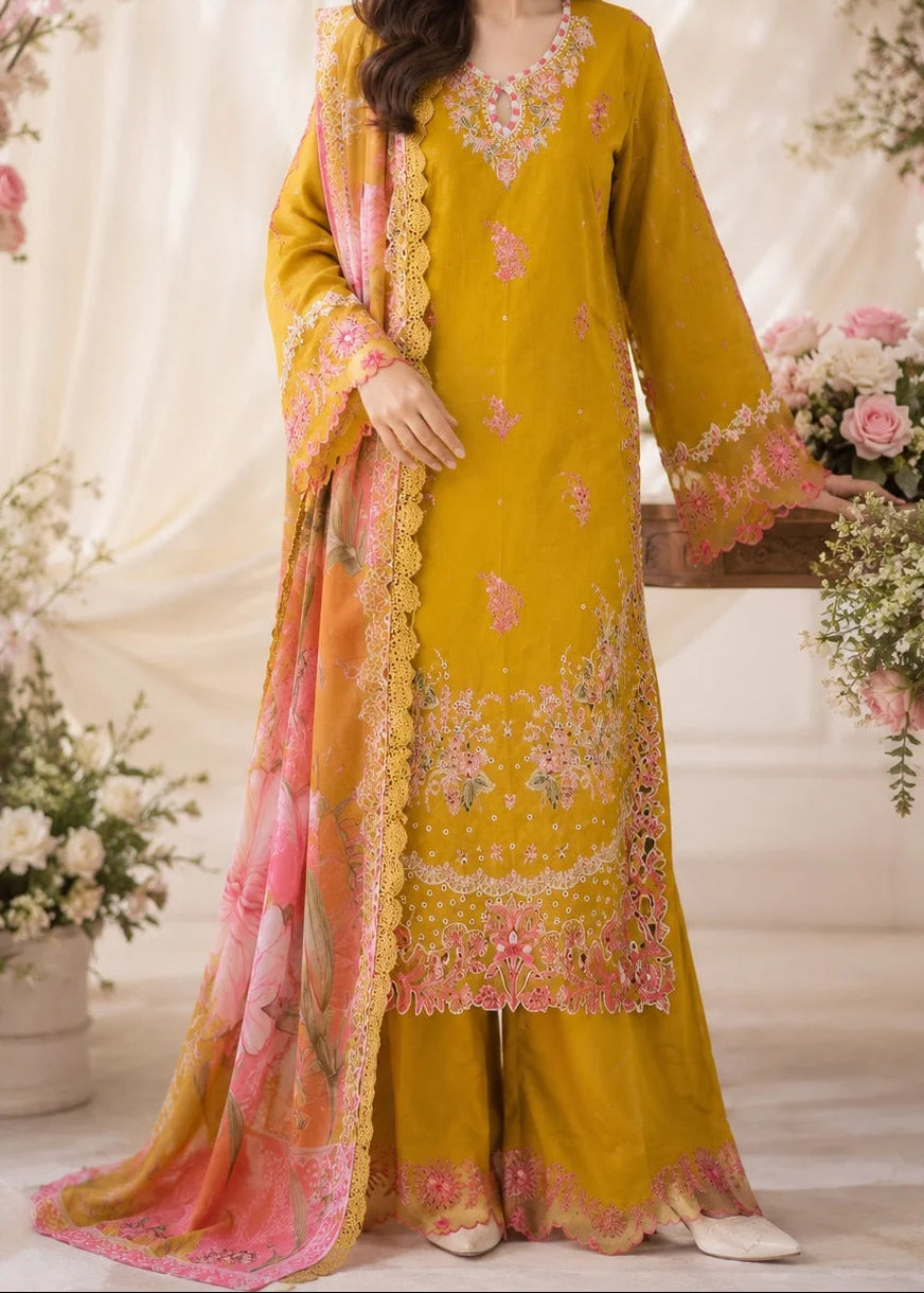 Grace Z-(W1079) - Stitched Embroidered 3pc Marina Dress With Printed Chiffon Dupatta.
