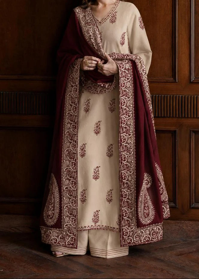 Grace Z-(W1040) - Stitched Embroidered 3pc Marina Dress With Embroidered Marina Shawl.