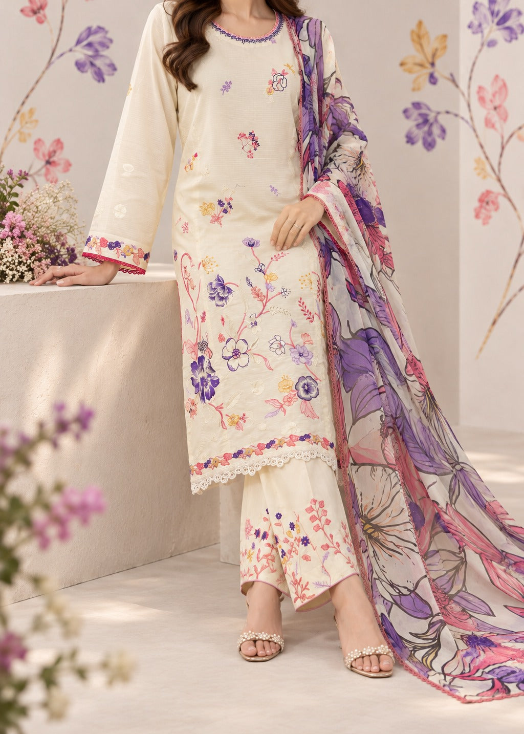 Grace S1625 - Embroidered 3pc Lawn Dress With Printed Chiffon Dupatta.