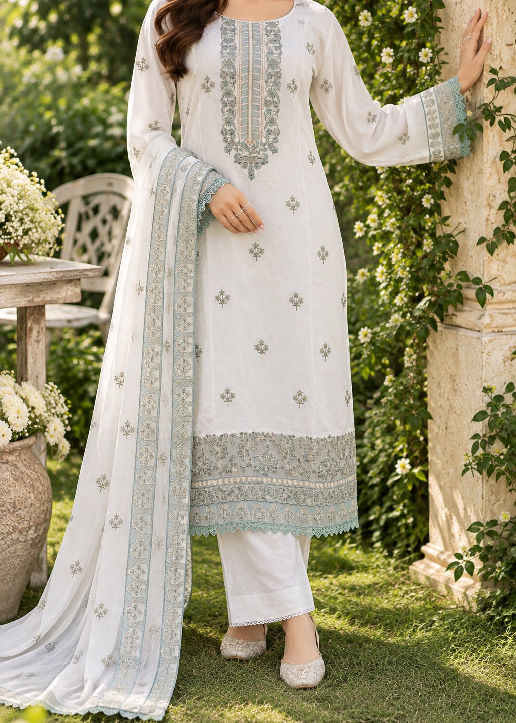 Grace S1569 - Embroidered 3pc Lawn Dress With Embroidered Chiffon Dupatta.