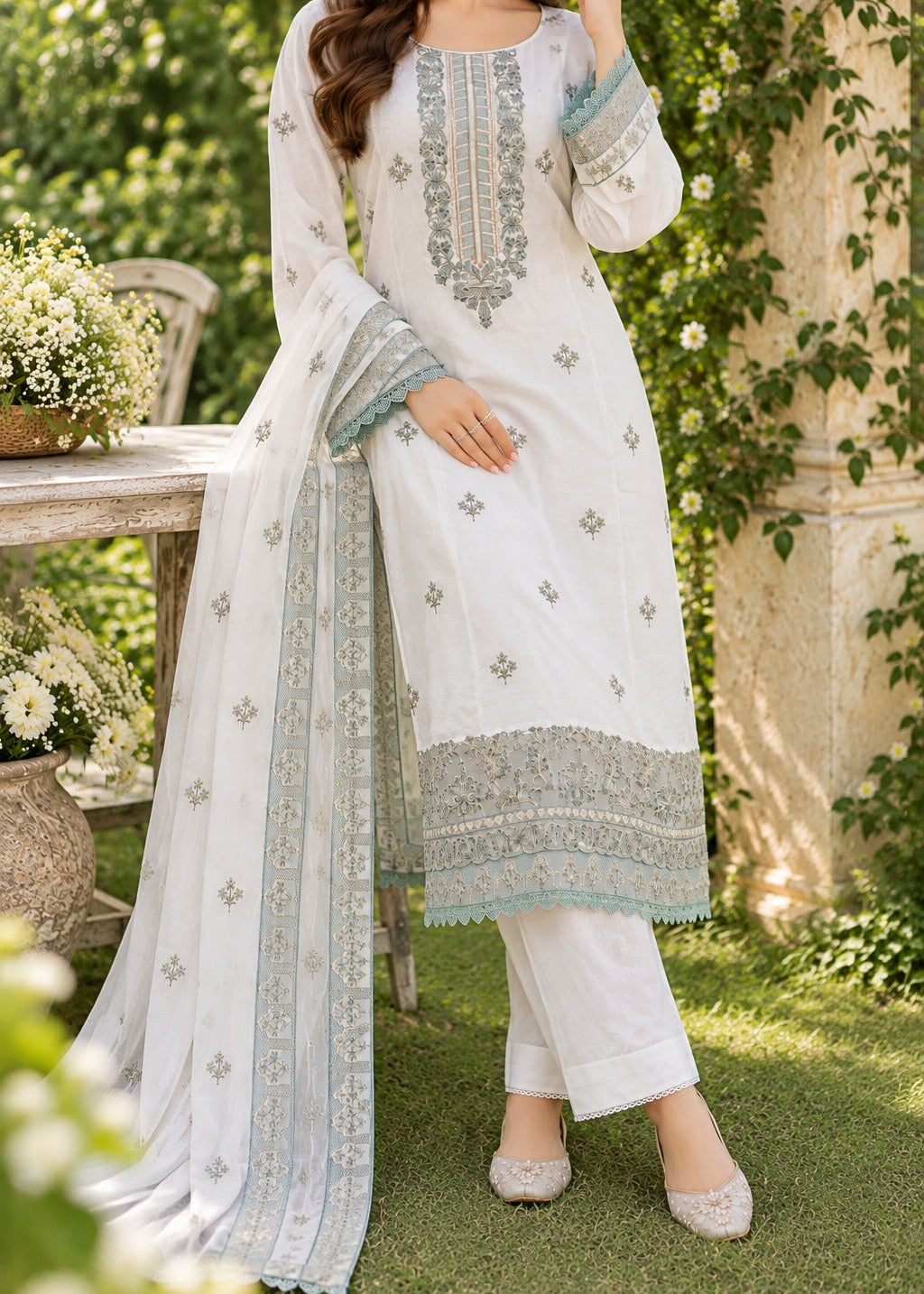 Grace S1569 - Embroidered 3pc Lawn Dress With Embroidered Chiffon Dupatta.
