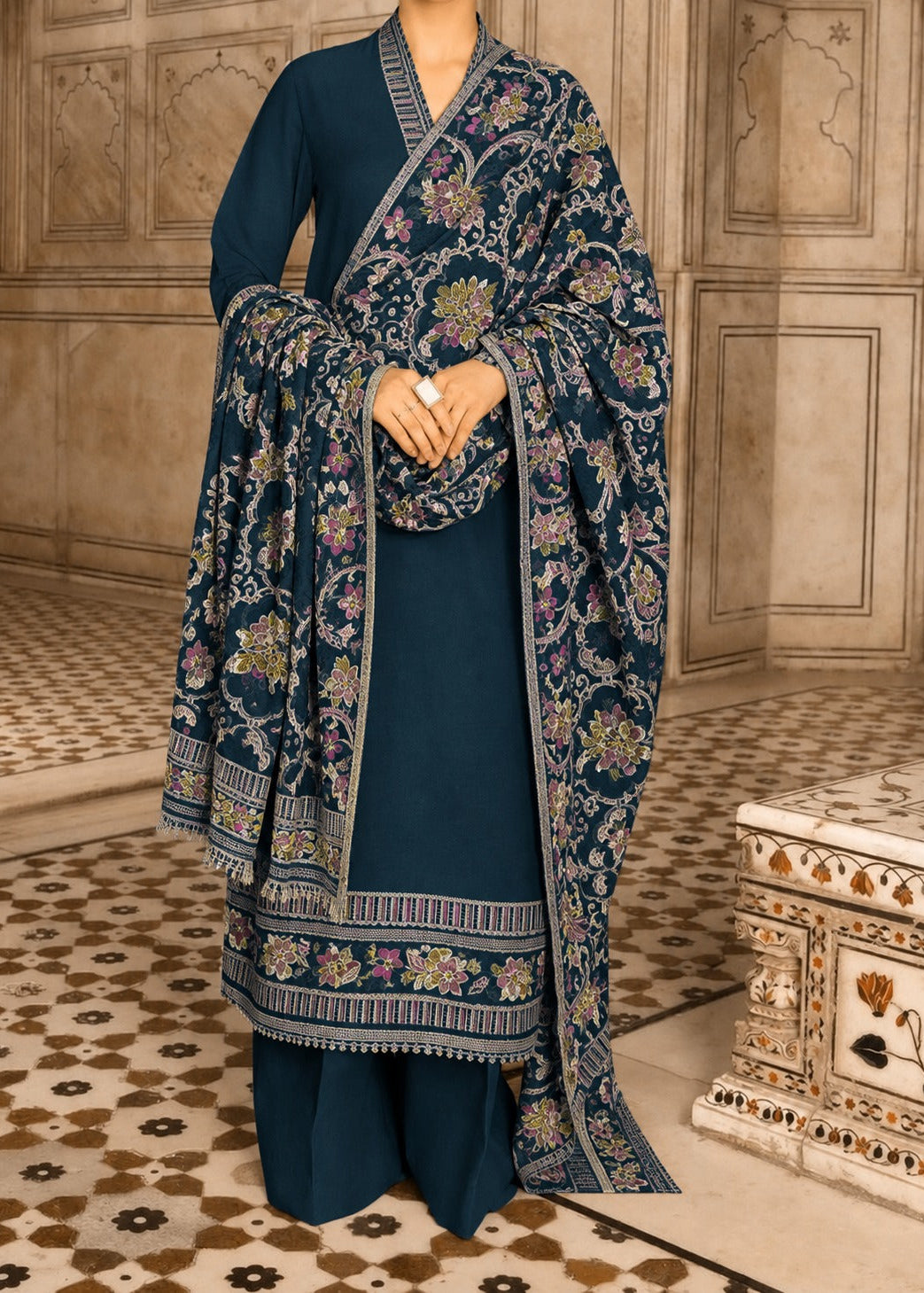 Grace W1056 - Embroidered 3pc Marina Dress With Embroidered Marina Shawl.
