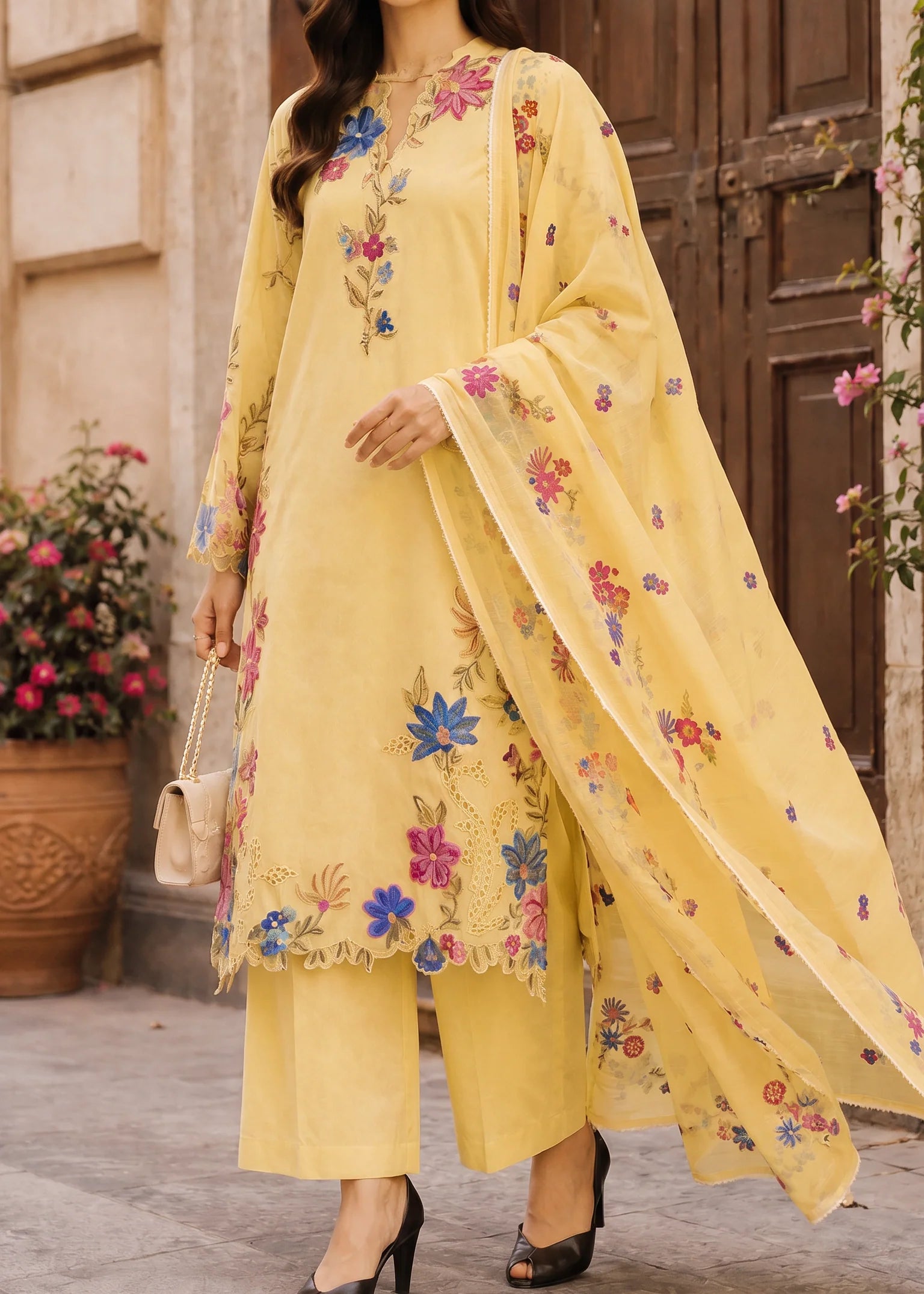 Grace Z-(S1500) - Stitched Embroidered 3pc CHIKANKARI Lawn Dress With Printed Lawn Dupatta.