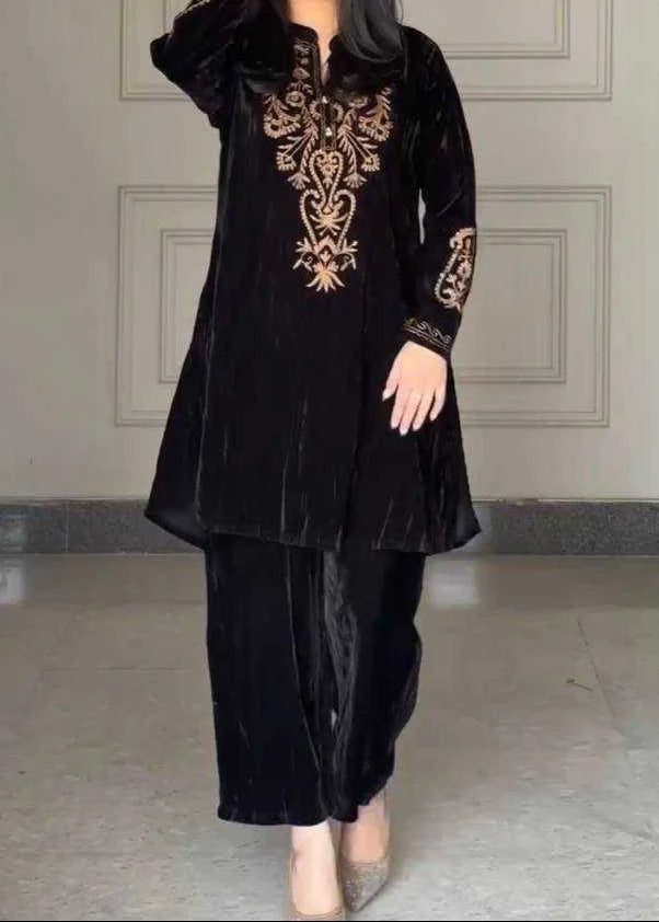 Grace Z-(W996) - Stitched Embroidered 2pc Velvet Dress.