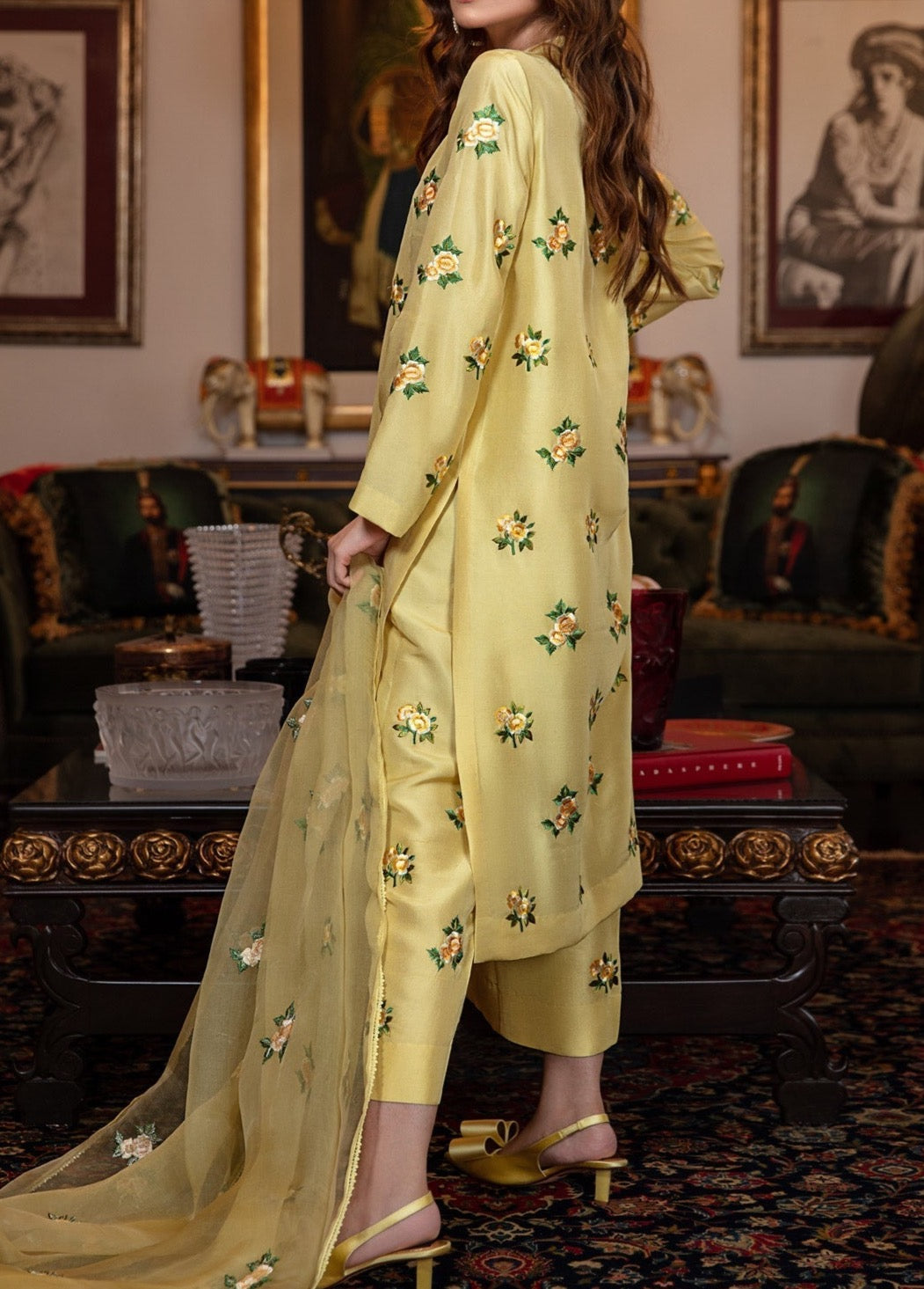 Grace W22- Embroidered 3pc silk dress with embroidered organza dupatta.