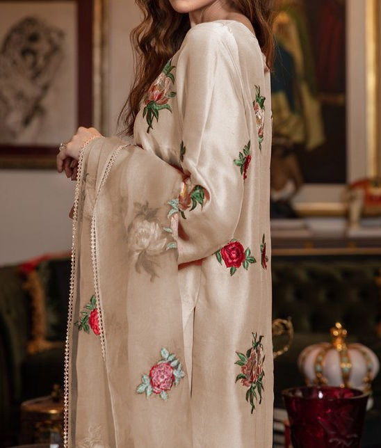 Grace S351- Embroidered 3pc silk dress with embroidered organza dupatta.
