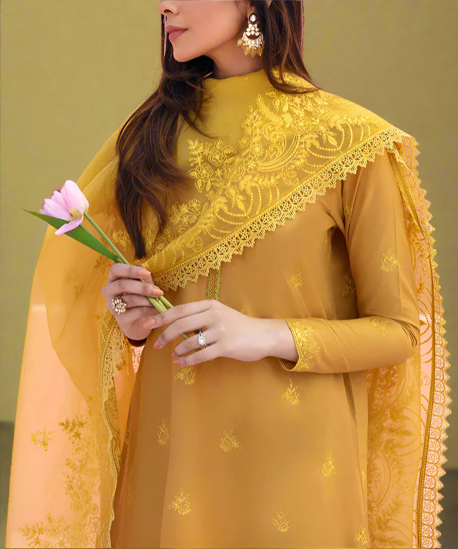 Grace Z-(W608)- Stitched Embroidered 3pc Linen Dress with Embroidered Organza Dupatta.
