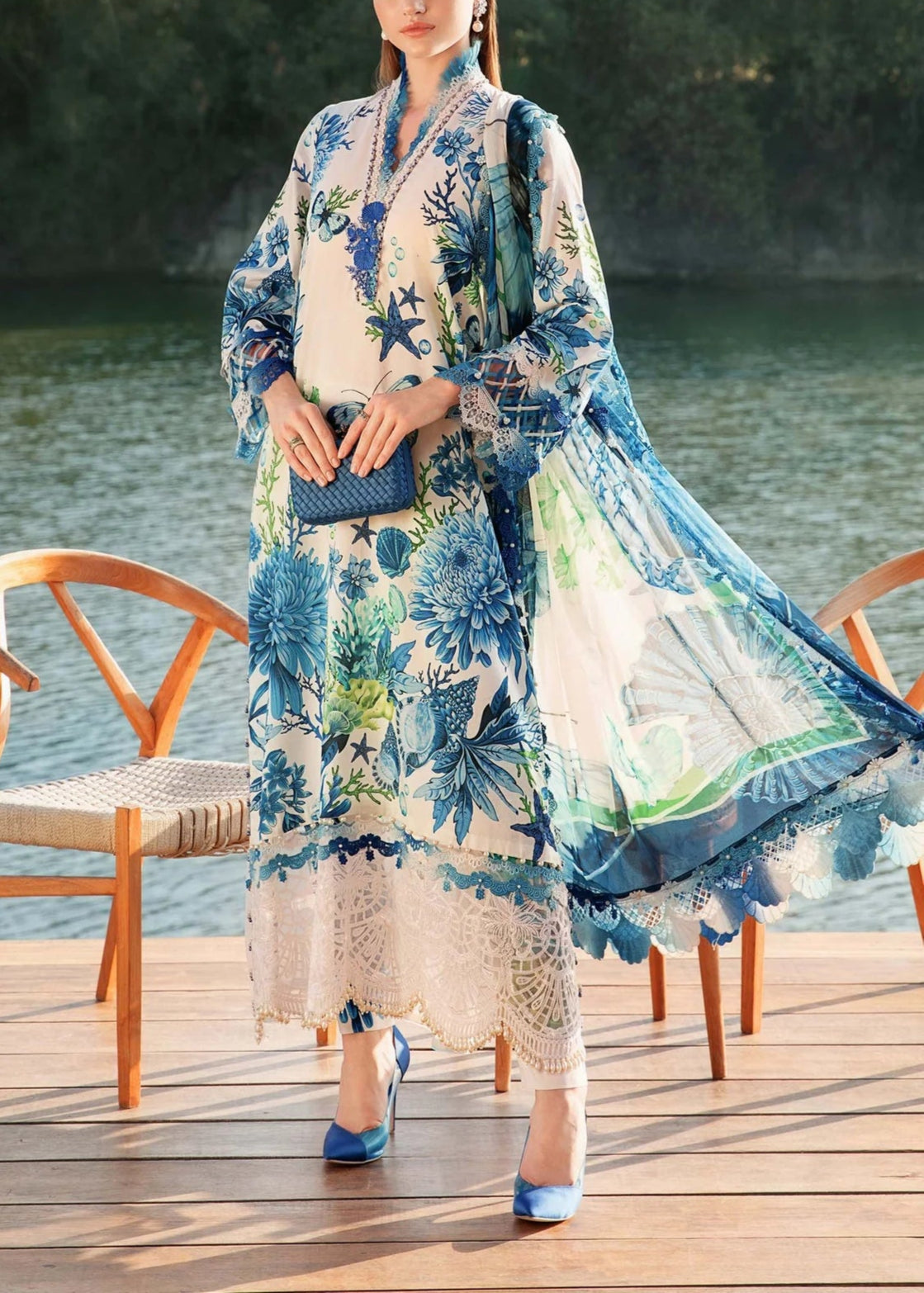 Grace S1100-Printed &amp; Embroidered 3pc Lawn dress with Printed Chiffon Dupatta.