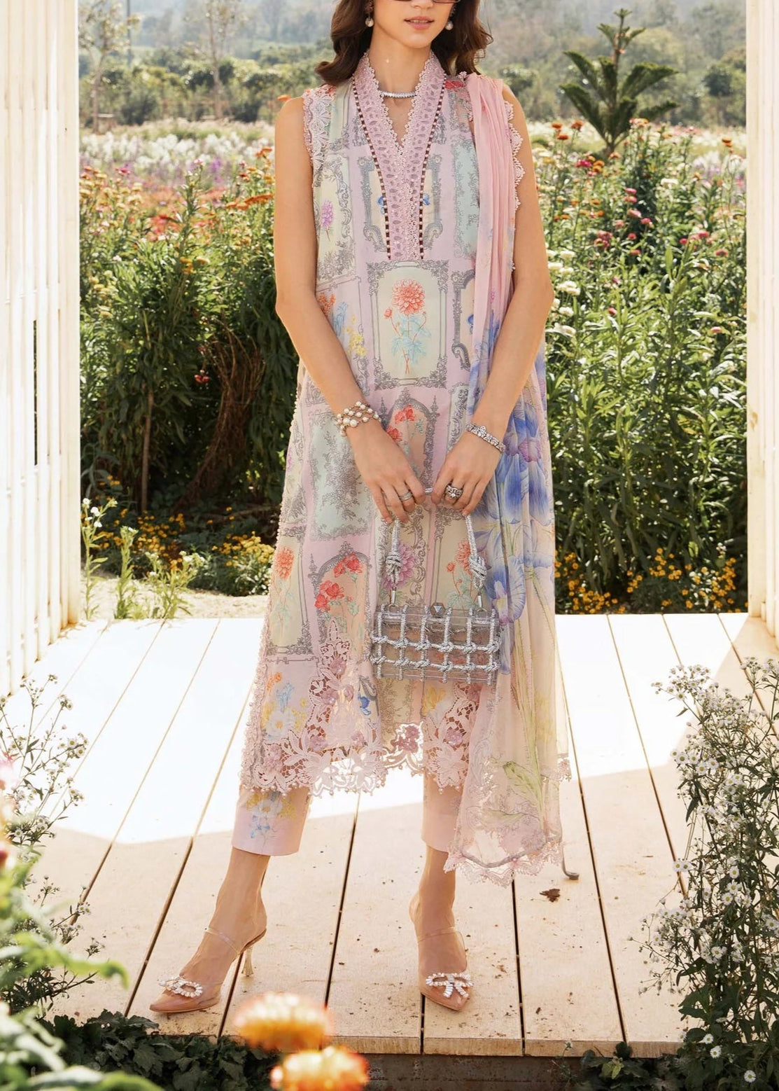 Grace S1097-Printed &amp; Embroidered 3pc Lawn dress with Printed Chiffon Dupatta.