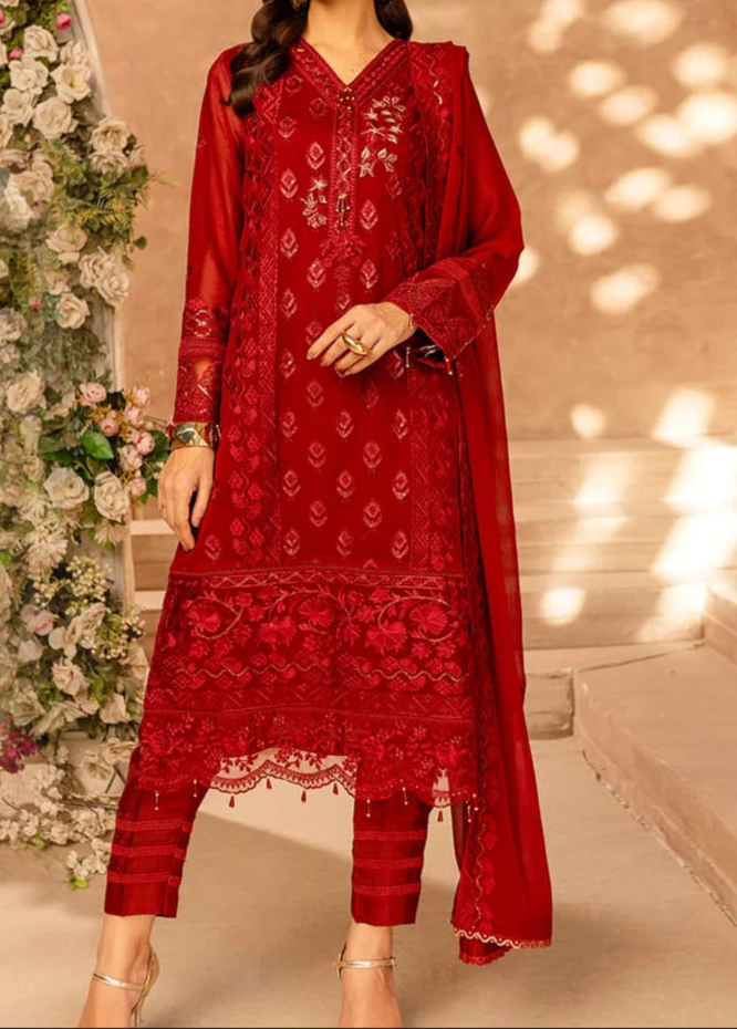 WINE SCARLET– Embroidered Chiffon Unstitched 3Pc Suit.