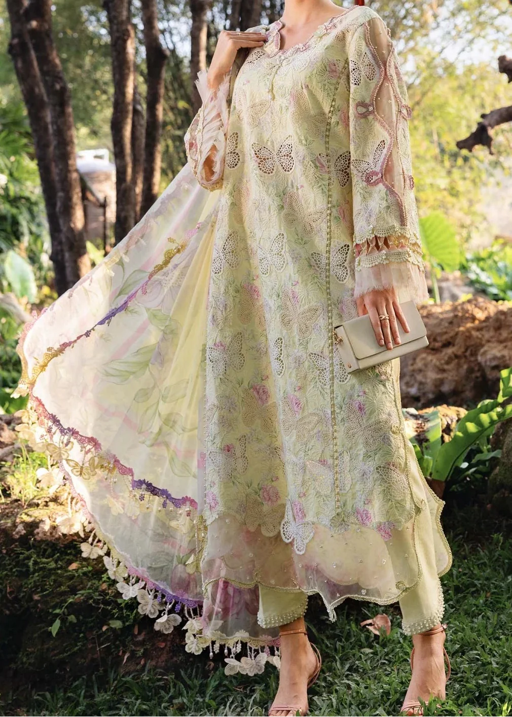 Grace Z-(S1424) - Stitched Embroidered 3pc CHIKANKARI Lawn Dress With Digital Printed Chiffon Dupatta.