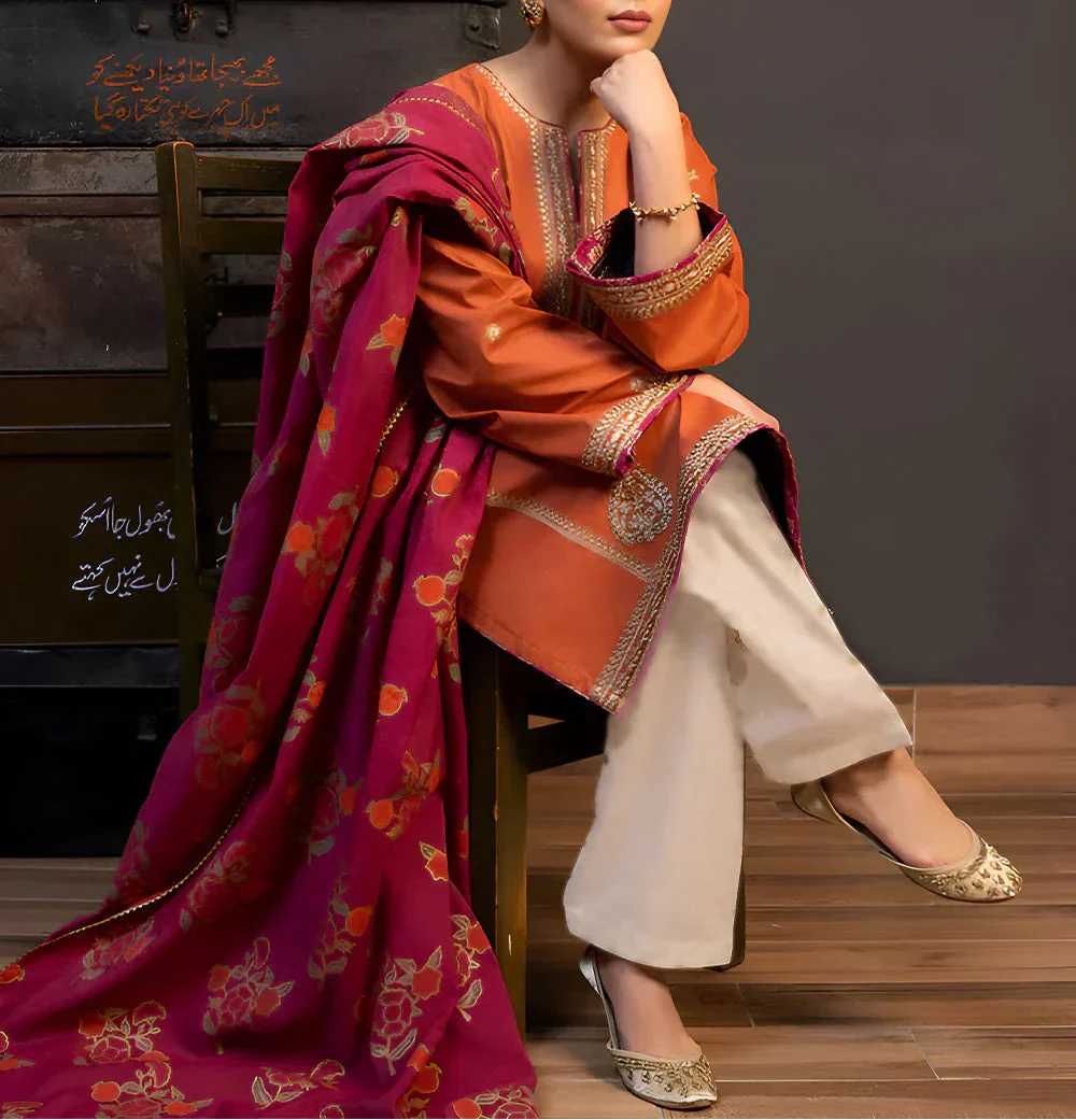 Grace Z-(S988)- Stitched Embroidered 3PC Lawn Dress With Printed Munar Dupatta.