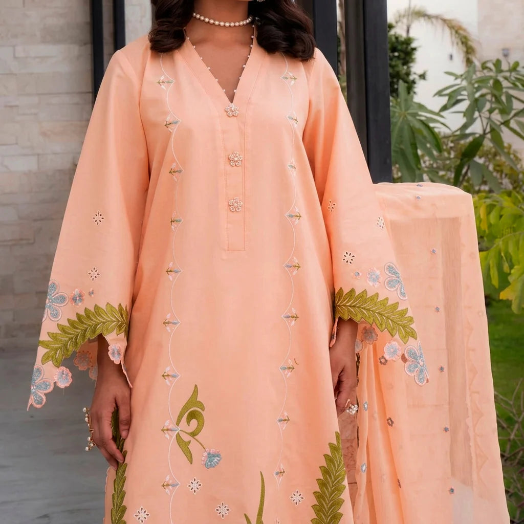 MISK 03 - Stitched Embroidered 3pc Chikankari Lawn Dress With Embroidered Chiffon Dupatta.