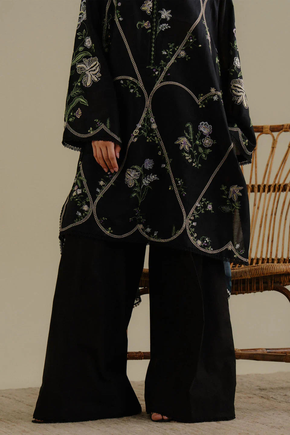 Grace Z-(W744) - Stitched Embroidered 3pc Marina Dress With Printed Shawl.