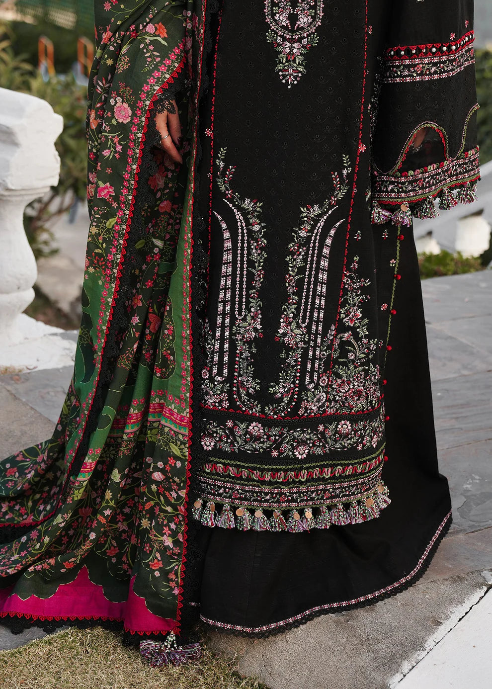 Grace W717-Embroidered CHIKANKARI 3pc Marina Dress With Printed Shawl