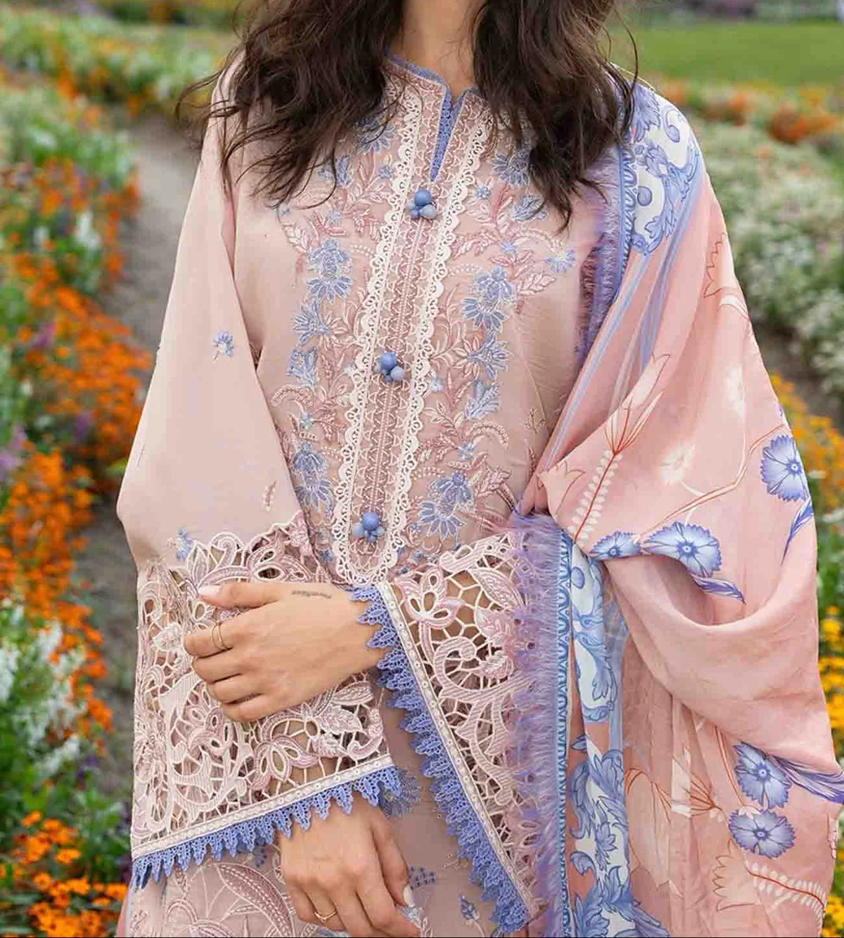 Grace Z-(W1044) - Stitched Embroidered 3pc Marina Dress With Printed Shawl.