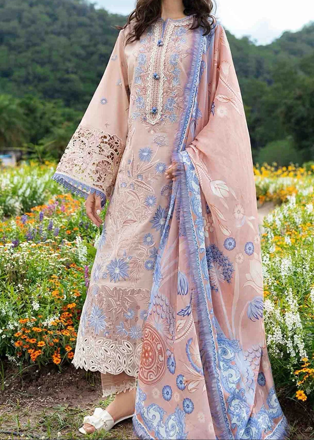Grace Z-(W1044) - Stitched Embroidered 3pc Marina Dress With Printed Shawl.