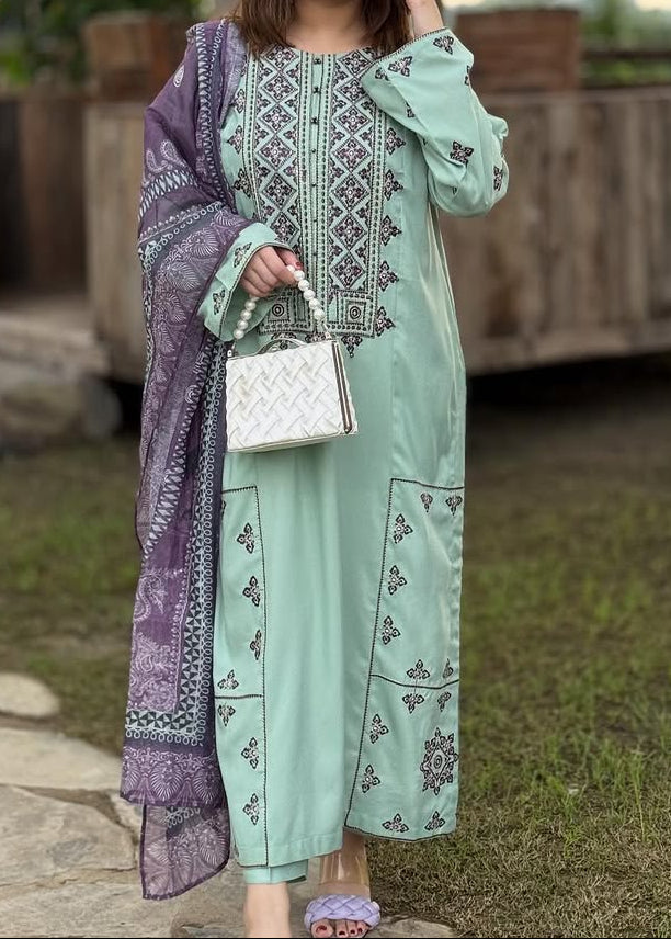 Grace W1002-Embroidered 3pc Marina Dress With Printed Shawl.