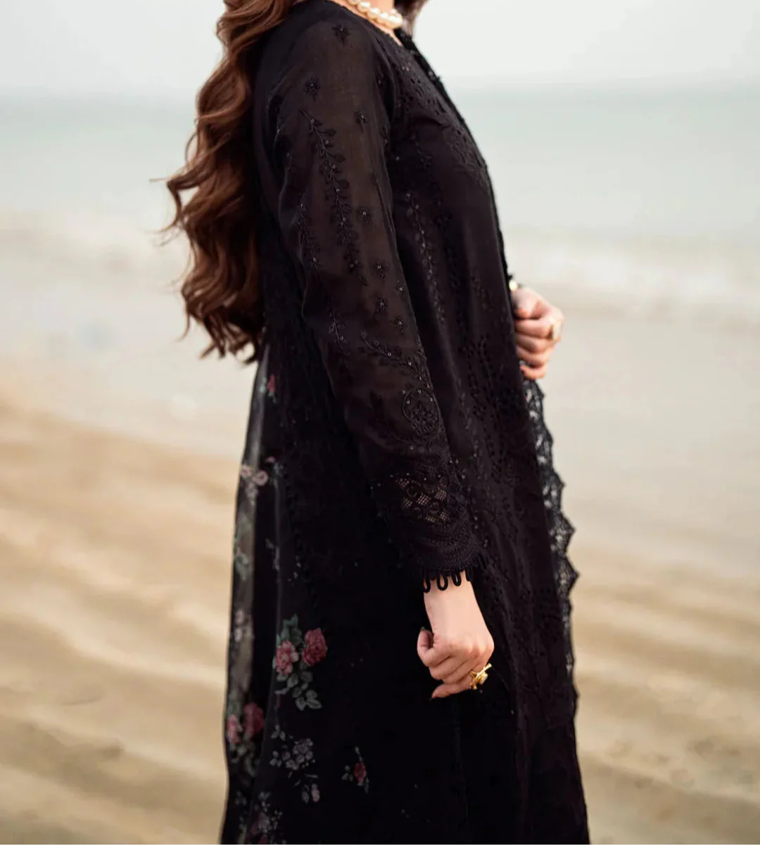 Grace W753-Embroidered 3pc CHIKANKARI Marina Dress With Printed Shawl.