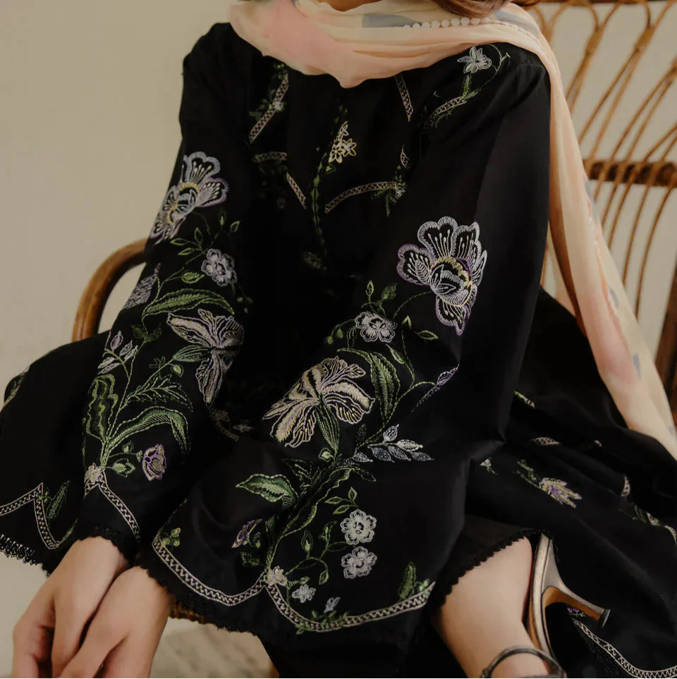 Grace Z-(W744) - Stitched Embroidered 3pc Marina Dress With Printed Shawl.