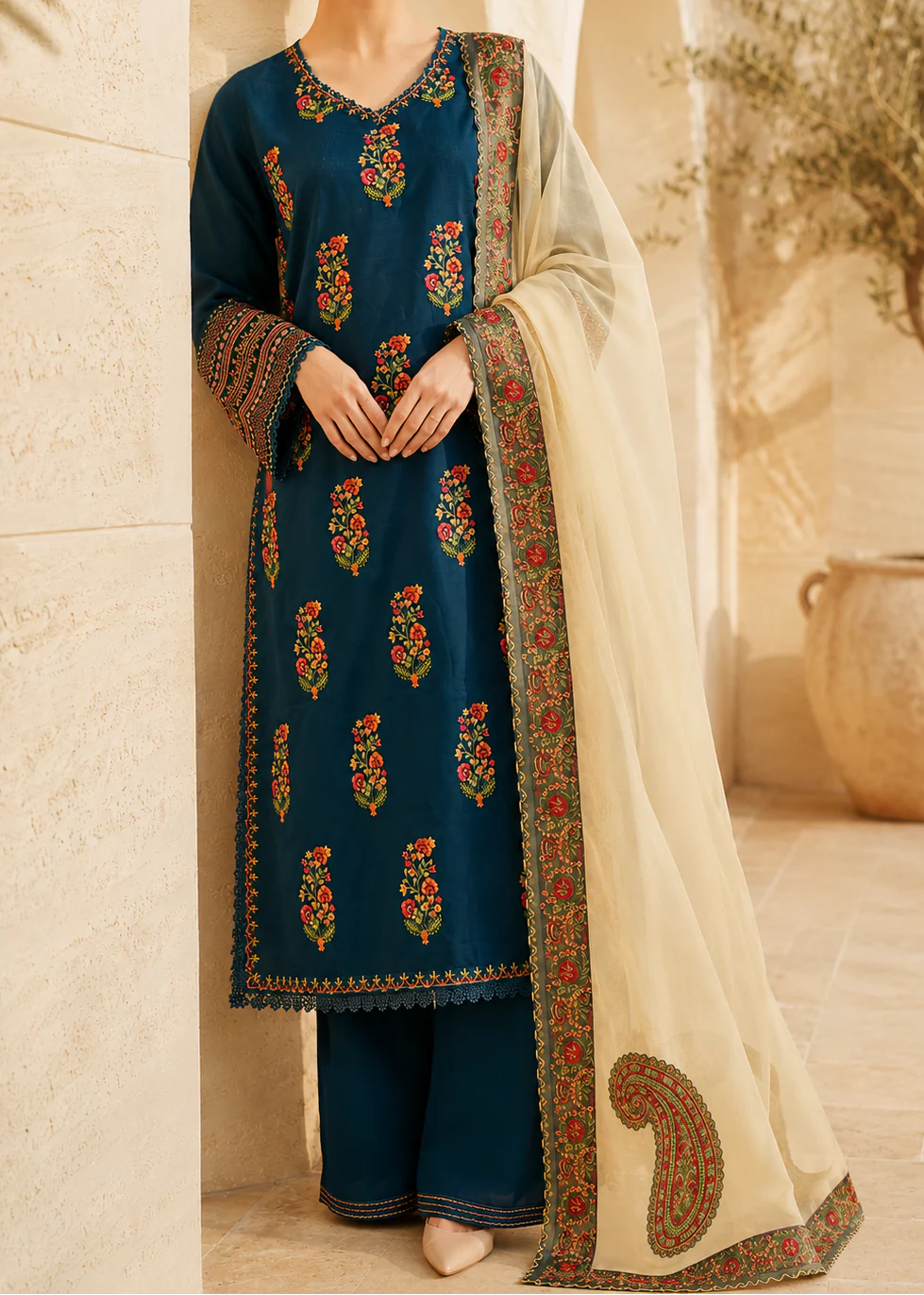 Grace Z-(S1497) - Stitched Embroidered 3pc Lawn Dress With Embroidered Chiffon Dupatta.