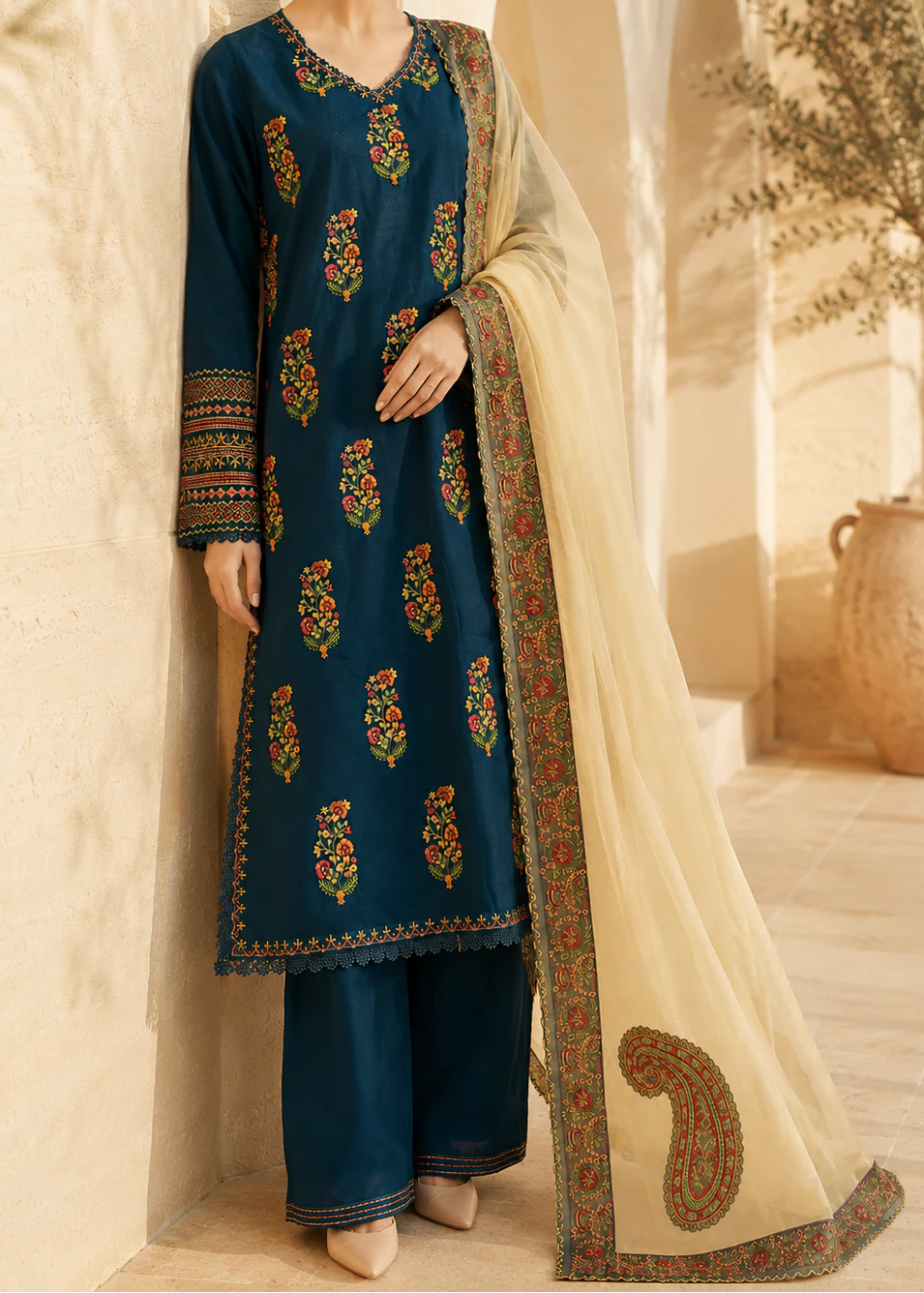 Grace Z-(S1497) - Stitched Embroidered 3pc Lawn Dress With Embroidered Chiffon Dupatta.