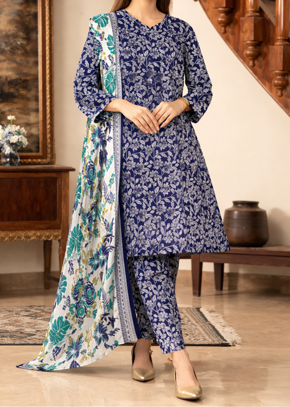 Grace S1349 - Printed & Embroidered 3pc Lawn Dress With Embroidered  Sequence Chiffon Dupatta.