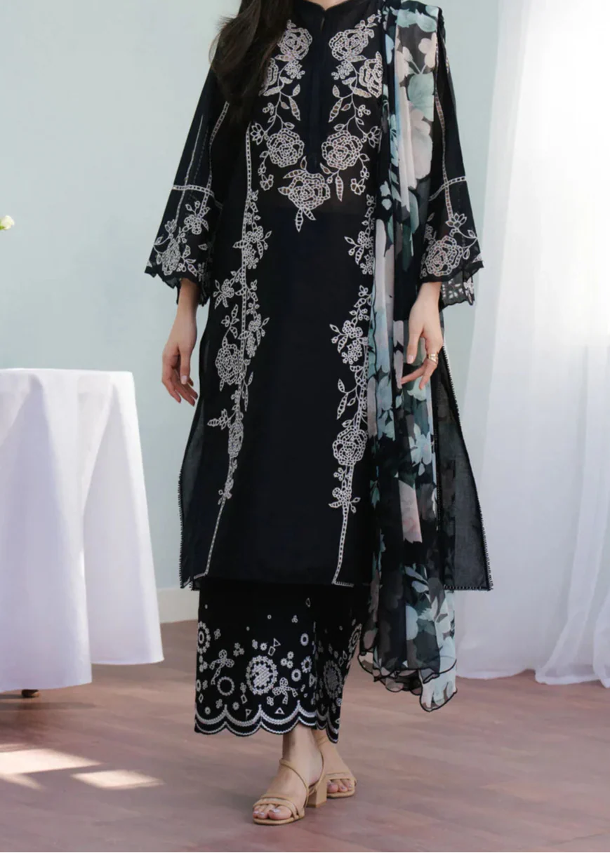 Grace Z-(W740) - Stitched Embroidered 3pc Marina Dress With Printed Shawl.