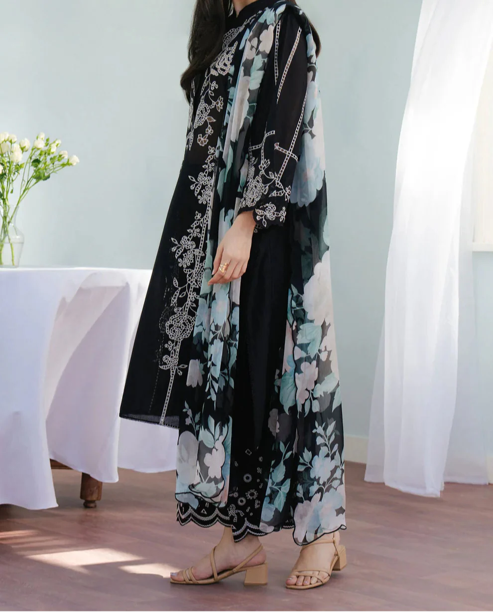Grace W740-Embroidered 3pc Marina Dress With Printed Shawl.