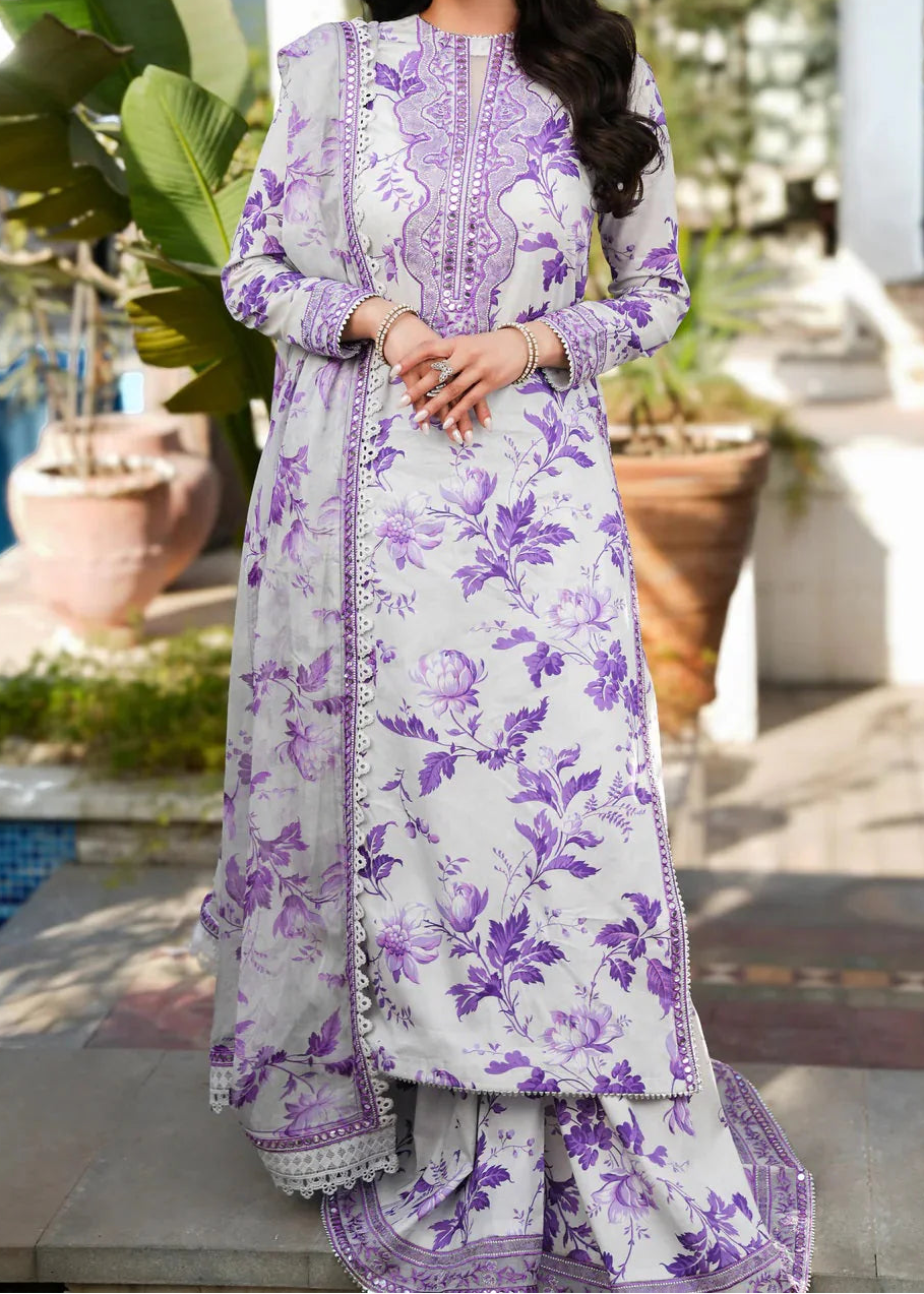Grace S1299 - Printed & Embroidered 3pc Lawn Dress With Embroidered  Sequence Chiffon Dupatta.